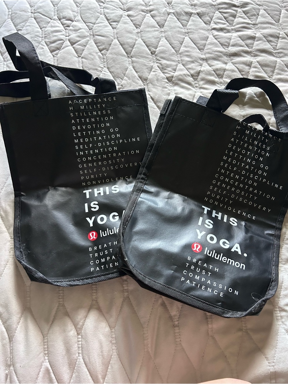 lululemon athletica Black Tote Bag with White Text and Red Logo